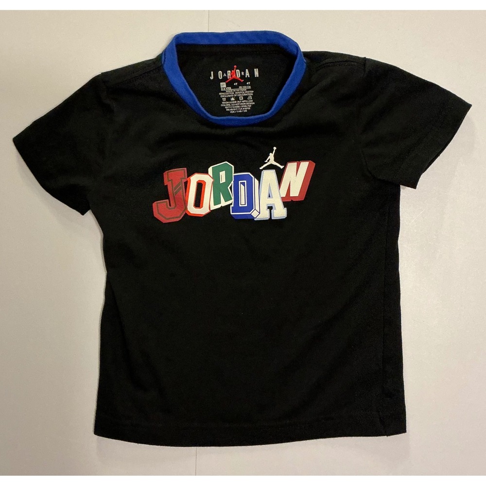 Nike Air Jordan Jumpman Boys 4T Black Multicolor Logo T-Shirt Blue Ringer Neck‎